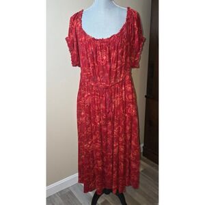 Torrid Red Floral Boho Midi Dress Womens Plus Size 3 Short Sleeve Smocked Scoop